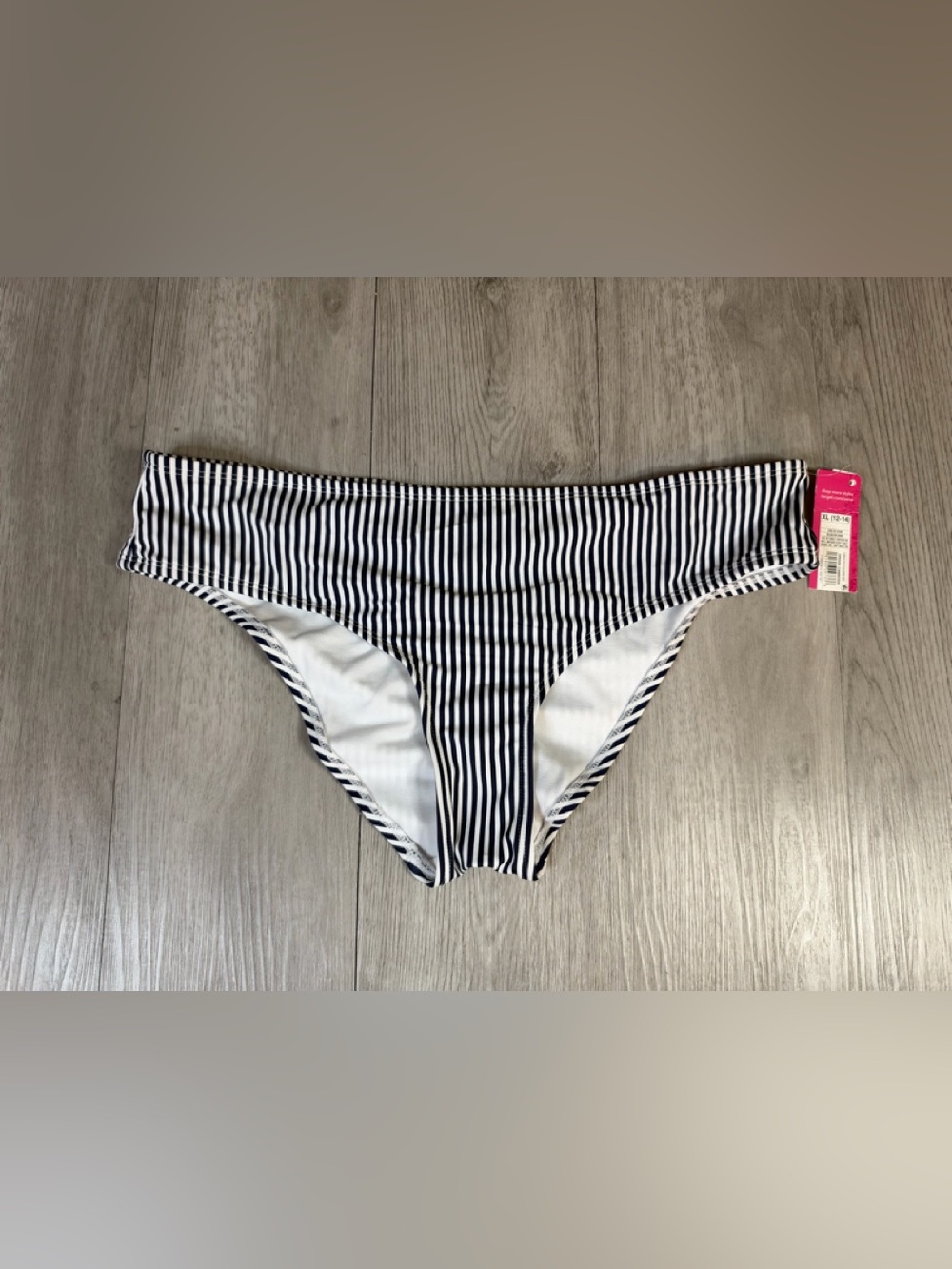 Xhilaration Women’s Blue White Stripe Cheeky Swim Bottom Stretch XL 12-14 NWT.